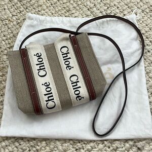 Chloe Woody mini leather-trimmed linen tote